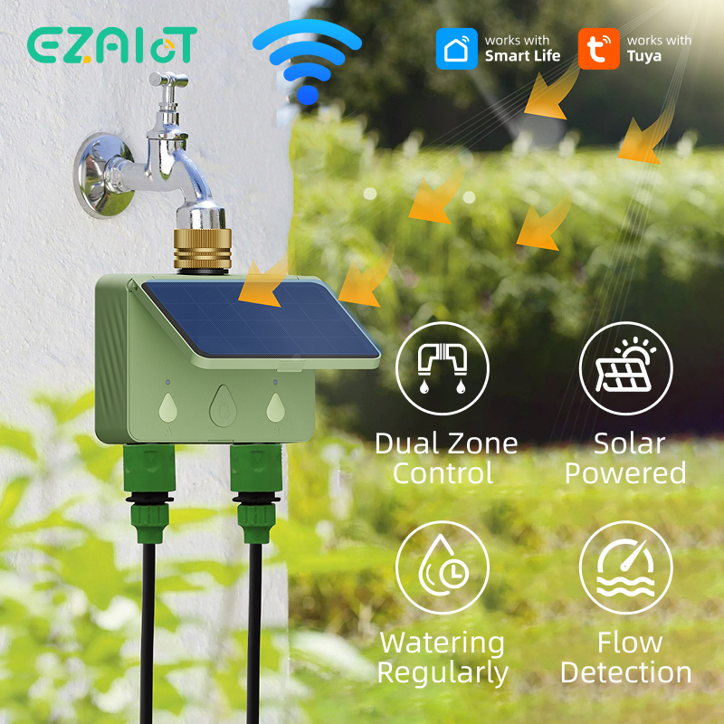 Smart Garden Watering System - WiFi Water Timer 2 Zone Solar